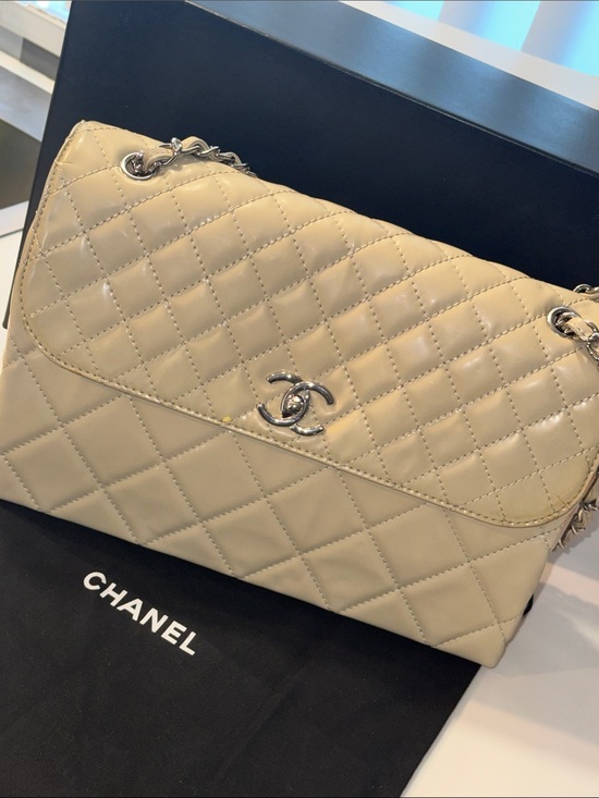 CHANEL Handbags - CHANEL Quilted Lambskin Shoulder Bag in Beige with Silver Hardware